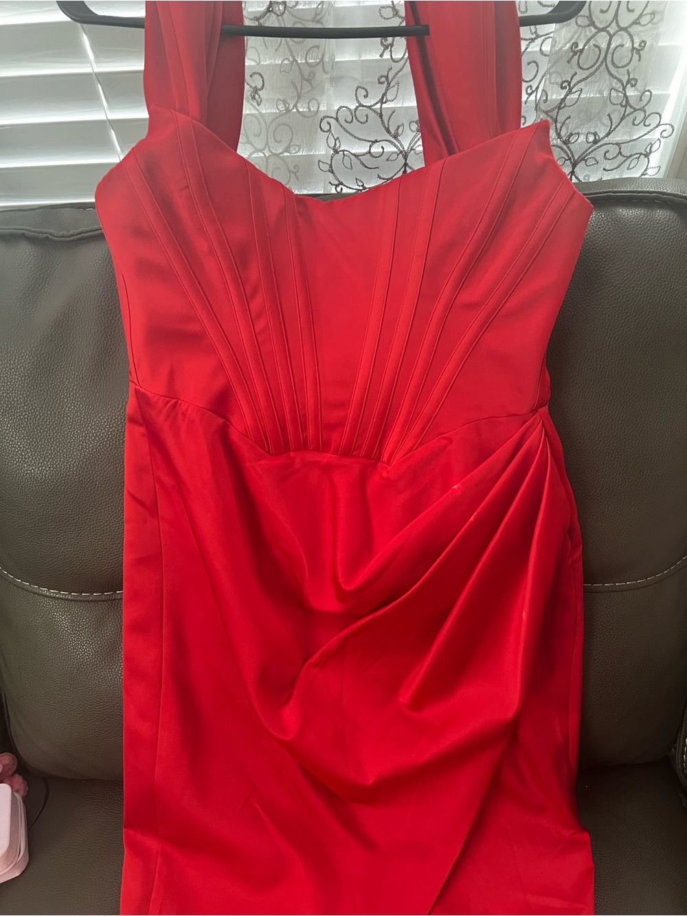 House of CB Red Satin Evening Dress with Pleated Bodice